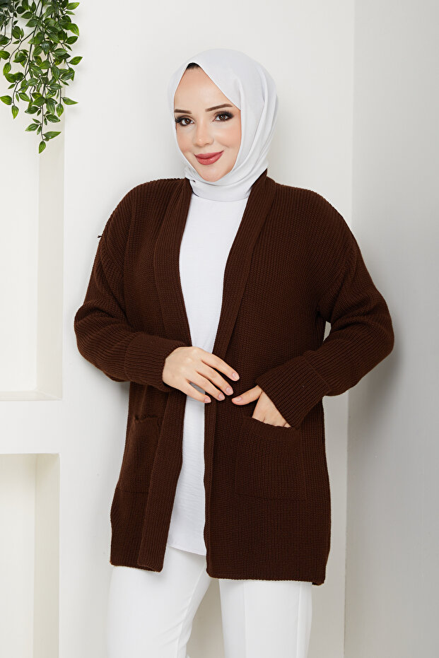 Women's Sleeve Fold Pocket Midi Length Cardigan