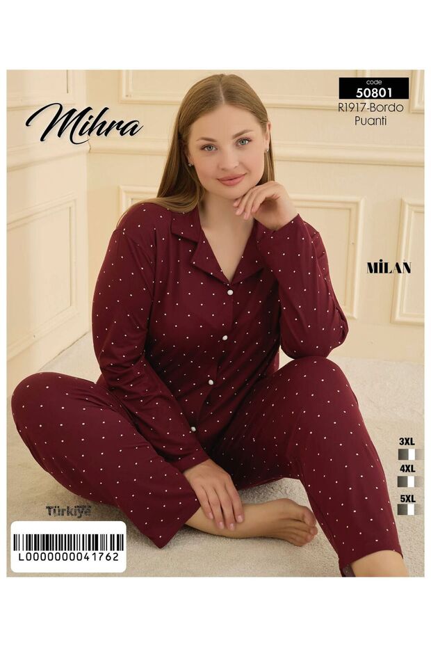 Battal Önü Düğmeli uzun kollu pijama takımı - 1