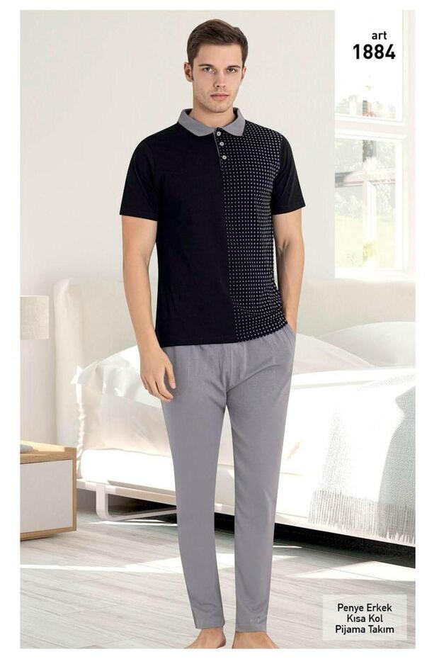 Men's Black Cotton Pocket Buttoned Collar Pajama Set T-Shirt Pants Short Sleeve Set