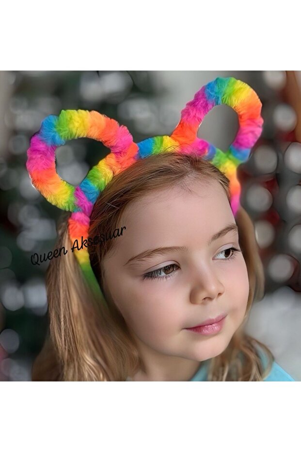 Cute Colorful Rainbow Plush Furry Teddy Bear Ears Crown Children's Tiara
