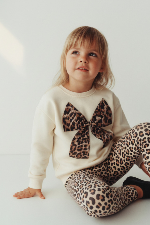 Girl's Cotton Cream Leopard Bow Sweatshirt Set - Casual Model with Leopard Pattern Leggings