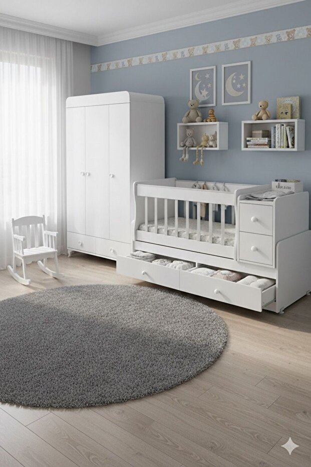 MİNİBOO BEBEK ODASI ÜÇ KAPAKLI DOLAP VE BÜYÜYEN BEŞİK - 1