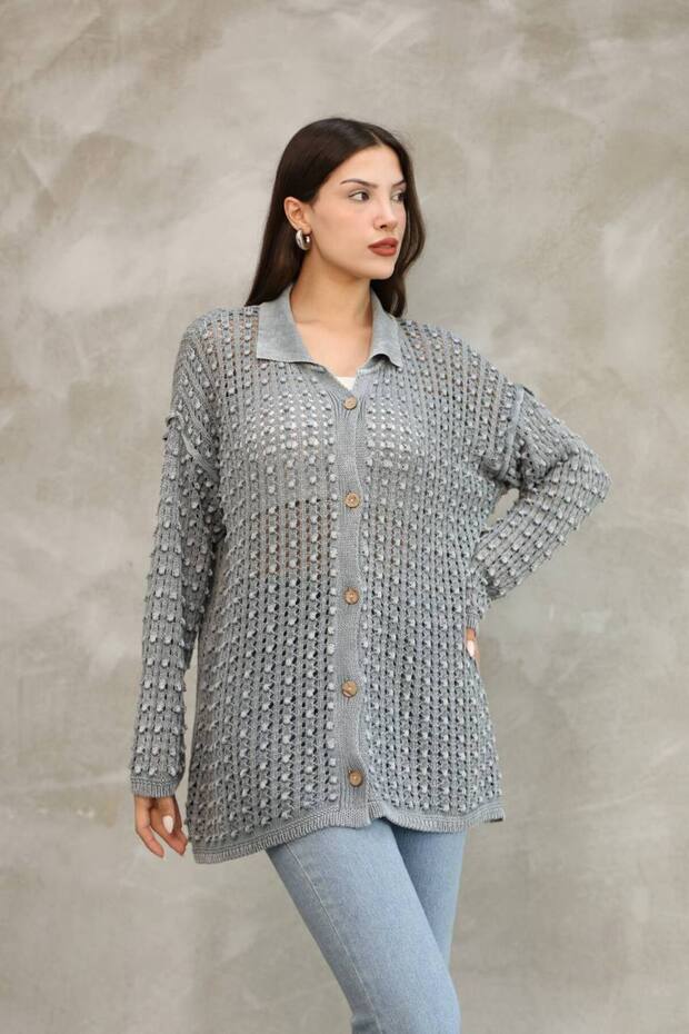 Women's Gray Button Closure Vintage Loose Cotton Knitwear Long Cardigan Cap