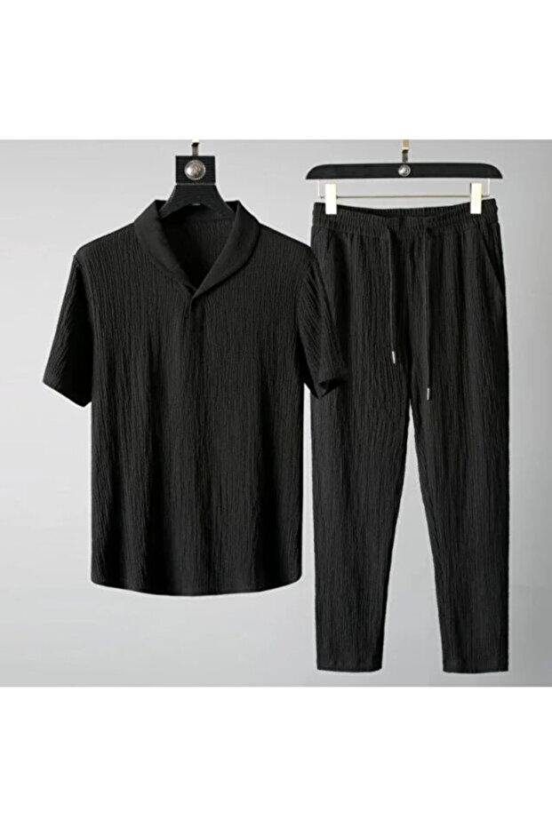 Unisex Black Wrinkled Fabric Lycra Women's Men's Summer Suit
