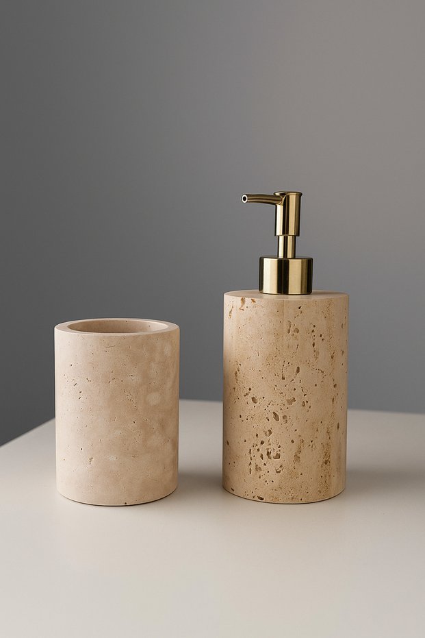 Natural Travertine Stone Bathroom Set – Liquid Soap Dispenser and Toothbrush Holder | Minimal Luxury Design
