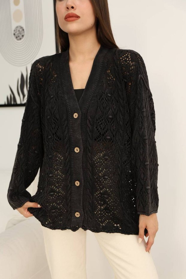 Women's Black Button Closure Vintage Loose Cotton Patterned Knitwear Long Cardigan Cap