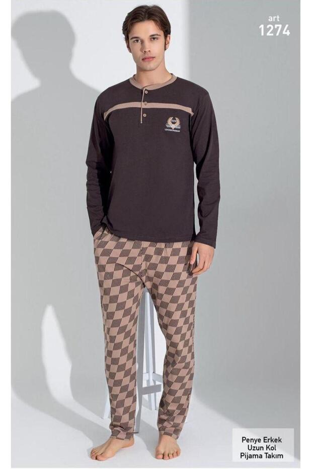 Men's Brown Long Sleeve Pants Seasonal Pajama Set with Pockets, Elastic Waist, Cotton Fit