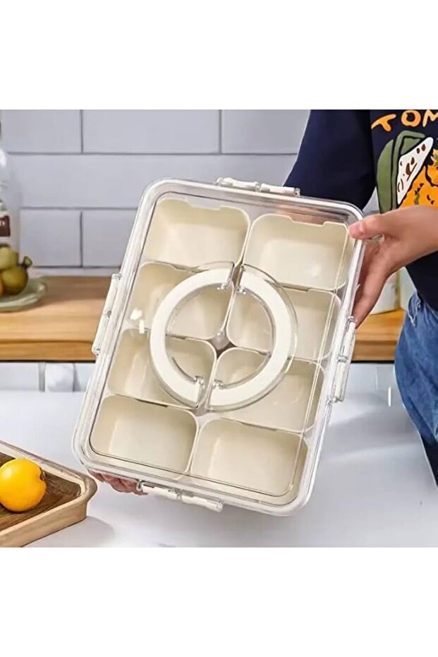 Divided serving tray with clear lid and handle, designed for storing and serving snacks, nuts, fruits and desserts. - 7