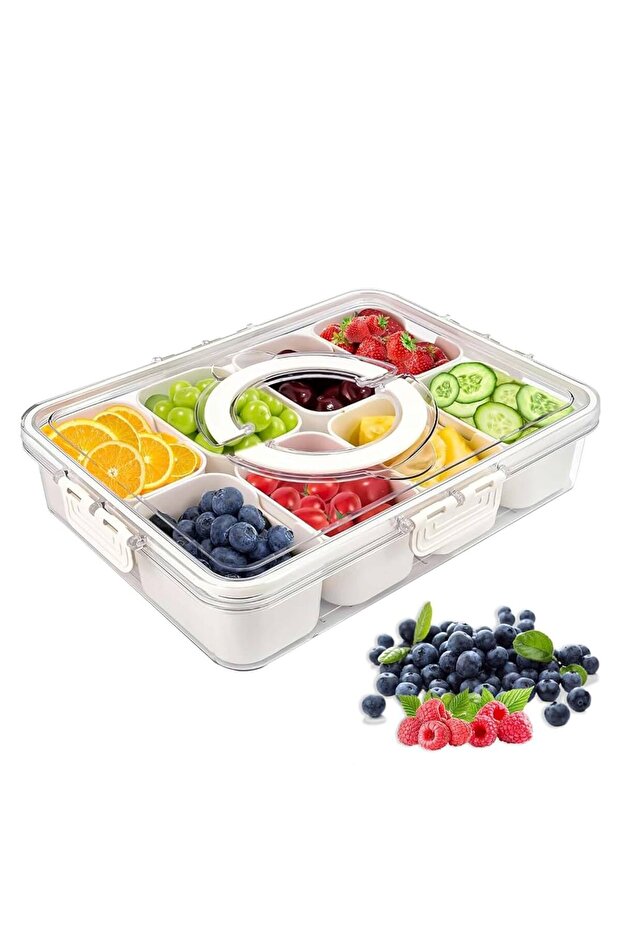 Divided serving tray with clear lid and handle, designed for storing and serving snacks, nuts, fruits and desserts. - 6