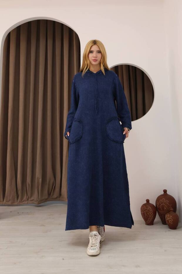 Women's Navy Blue Hooded Pocketed Vintage Detailed Cotton Long Sleeve Knit Long Dress