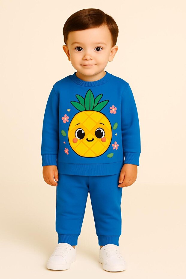 Pineapple Printed Long Sleeve Crew Neck Children's Tracksuit Set Unisex 3 4 5 6 7 8 9 10 11 12 Years