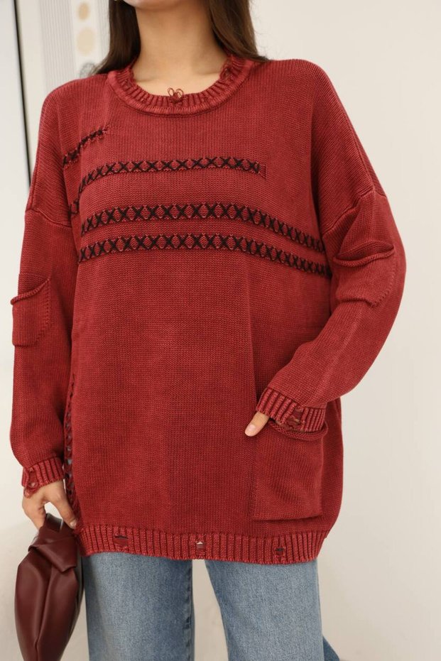 Women's Burgundy Round Neck Distressed and Ripped Detailed Pocketed Long Sleeve Loose Cotton Knitwear Sweater Blouse
