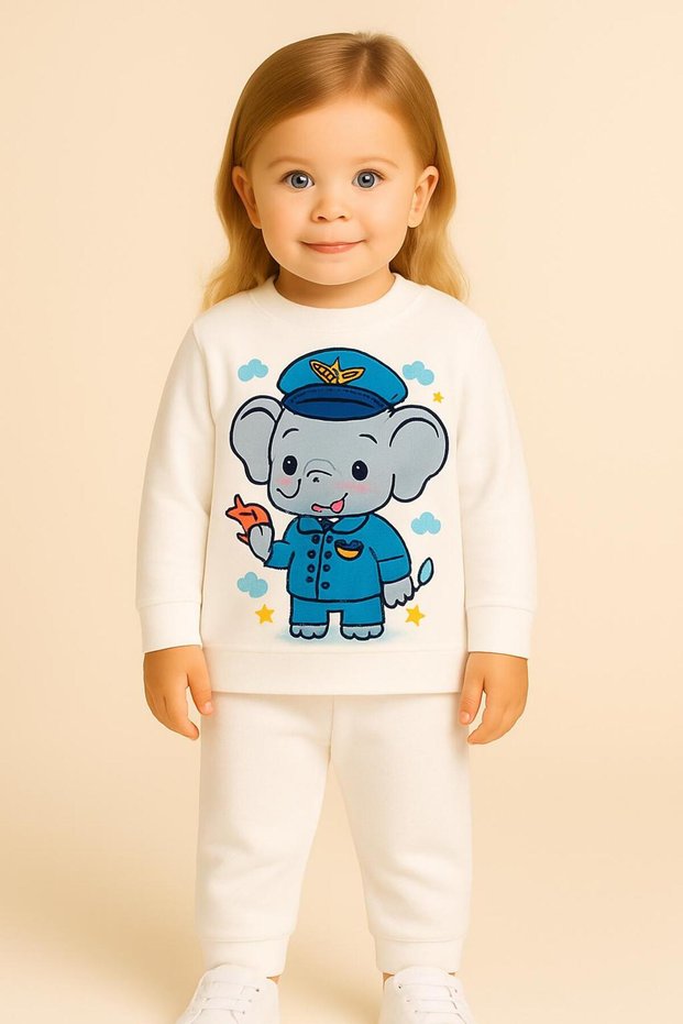 Elephant Printed Long Sleeve Crew Neck Children's Tracksuit Set Unisex 3 4 5 6 7 8 9 10 11 12 Years
