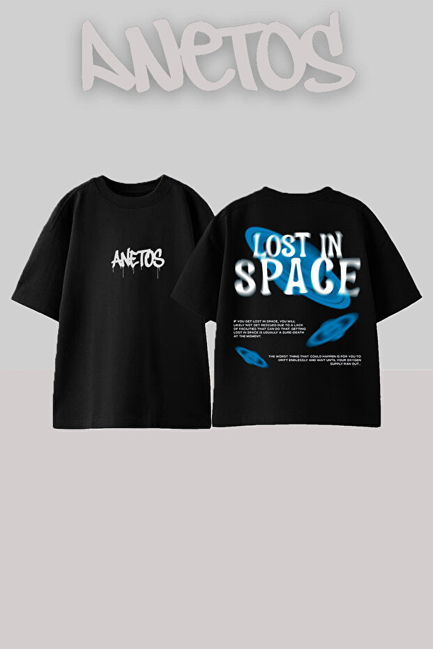 Space Design Back Printed Cotton Black Oversize T-Shirt