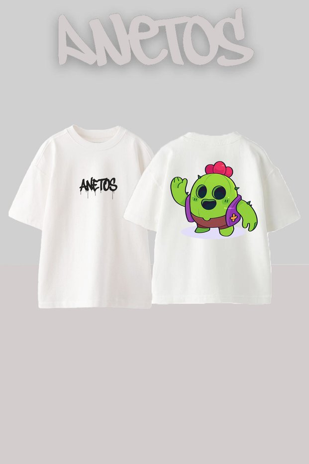 Spike Brawl Stars Design Back Printed Cotton White Oversize T-Shirt