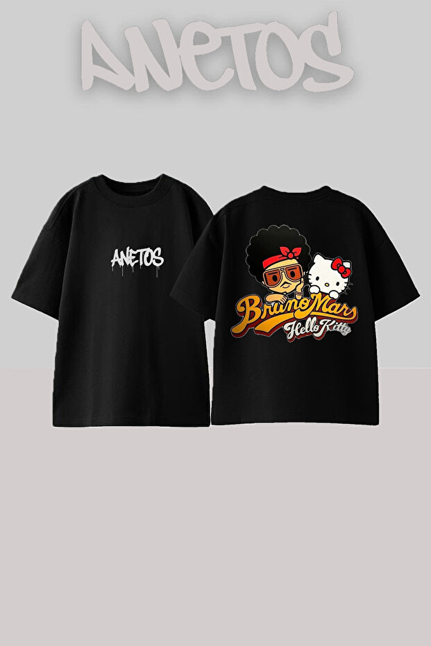 Bruno Mars Hello Kitty Design Back Printed Cotton Black Oversize T-Shirt