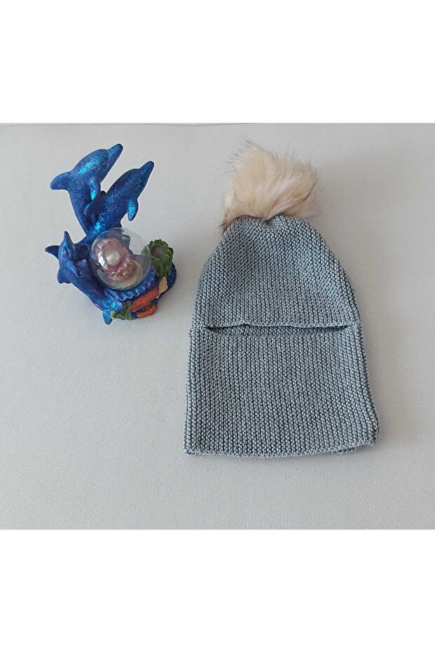 Gray Color Gift Hand Knitted Baby Beanie with Pompom Neck Collar 0 - 1 Years Old