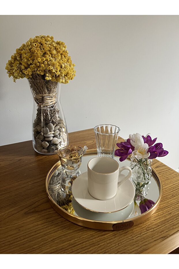 Round Coffee Presentation Tray/Plate with Mirror - Gold Colored Metal Frame - Ø25Cm