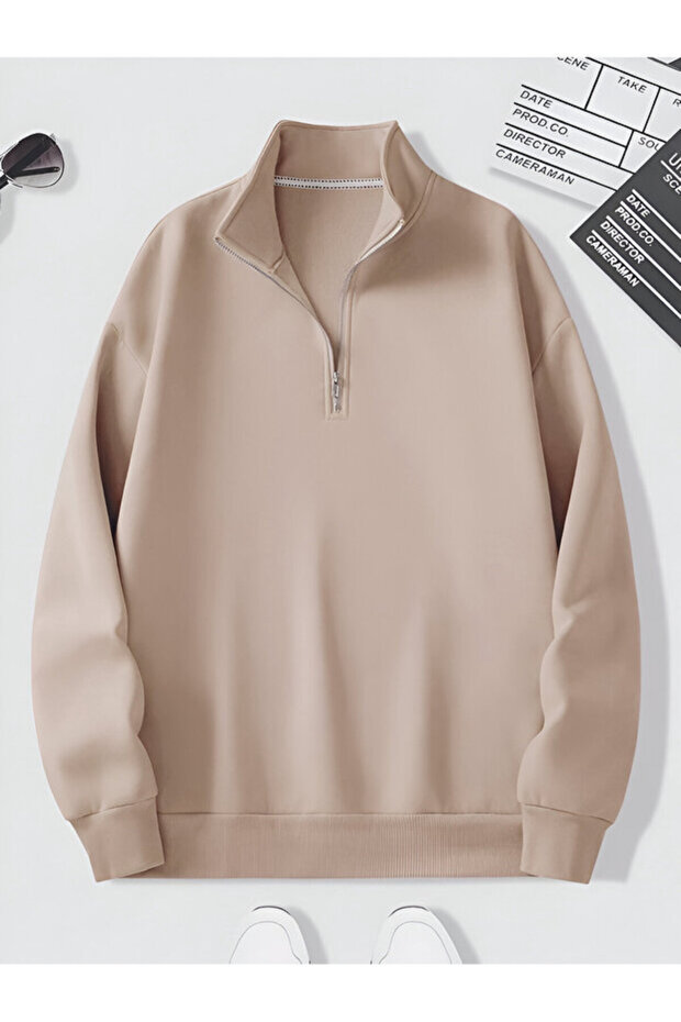 Unisex Beige Relaxed Fit Half Zipper 3-Thread Ribbed Sweatshirt- Hoodie