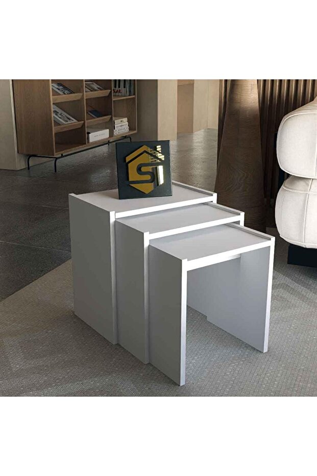 3 طاولات تقديم قهوة عصرية - CT02 44×44×30، أبيض