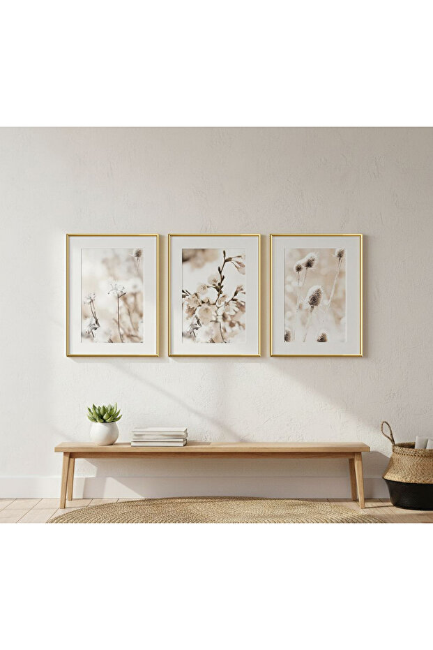 Üçlü Gold Metal Çerçeve Soft Beyaz Çiçekler Cam Tablo Seti - 1