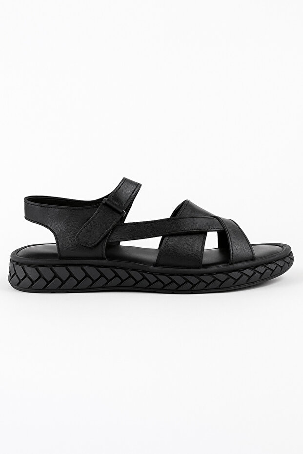 100% Genuine Leather Black Women's Sandals – Thick Sole & Velcro Comfortable Model