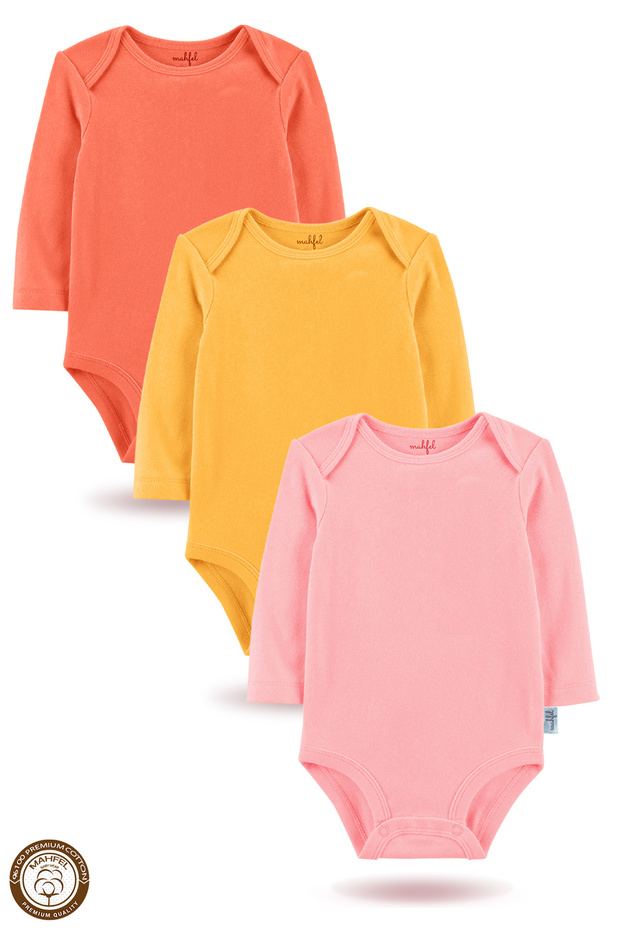 100% Cotton Long Sleeve Baby Bodysuit Snap Fastener Bodysuit Set of 3