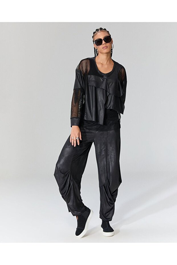 Önü file detaylı deri bluz-L - 1