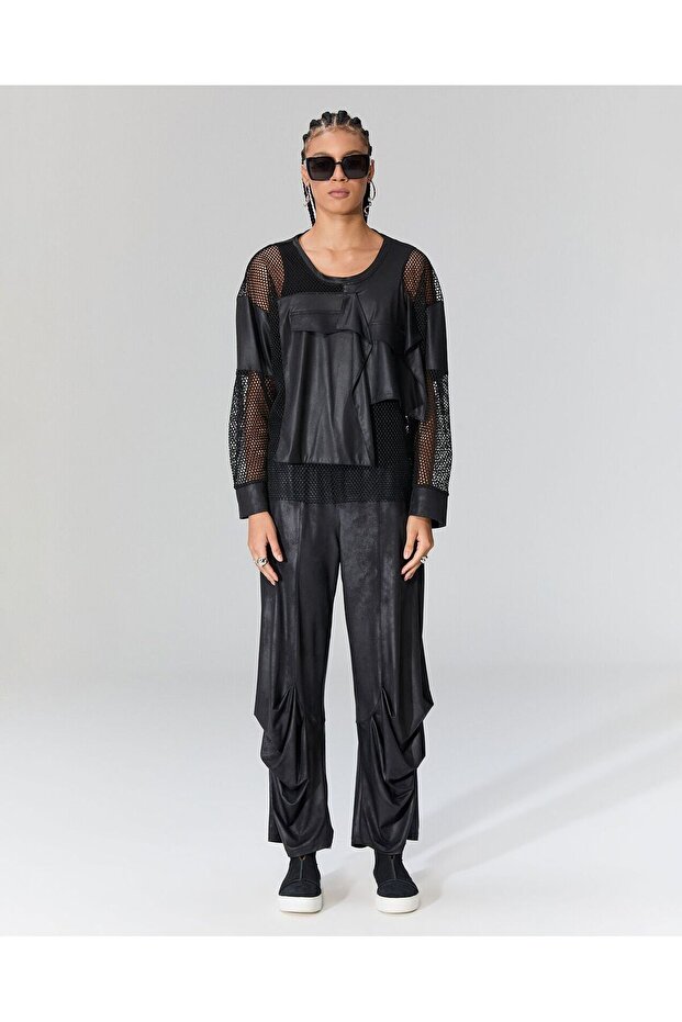 Önü file detaylı deri bluz-L - 4