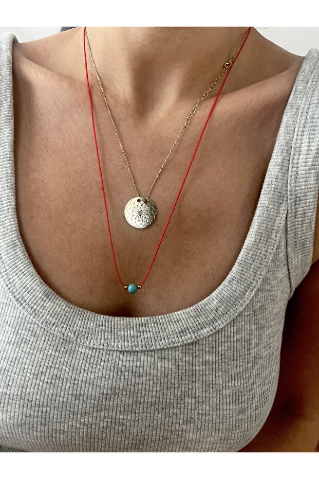Red String Necklace with Turquoise Natural Stone
