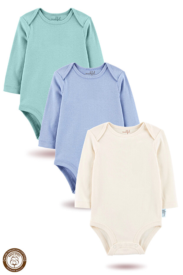 100% Cotton Long Sleeve Baby Bodysuit Snap Fastener Bodysuit Set of 3