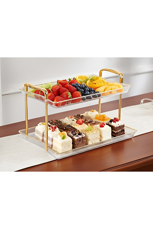 2 Tier Rectangular Serving Tray with Gold Handles, Cake Stand for Food, Desserts Table Display