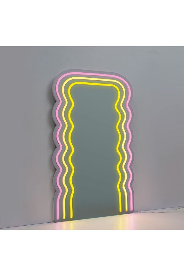 White Rectangular Mirror with Neon LED & Wavy Pattern - 2