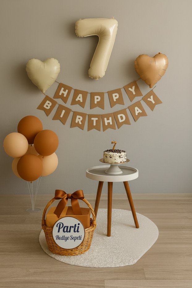 Cream Brown 7Th Birthday Balloon Set | Happy Birthday Banner + Heart Foil + Balloon Stand Included