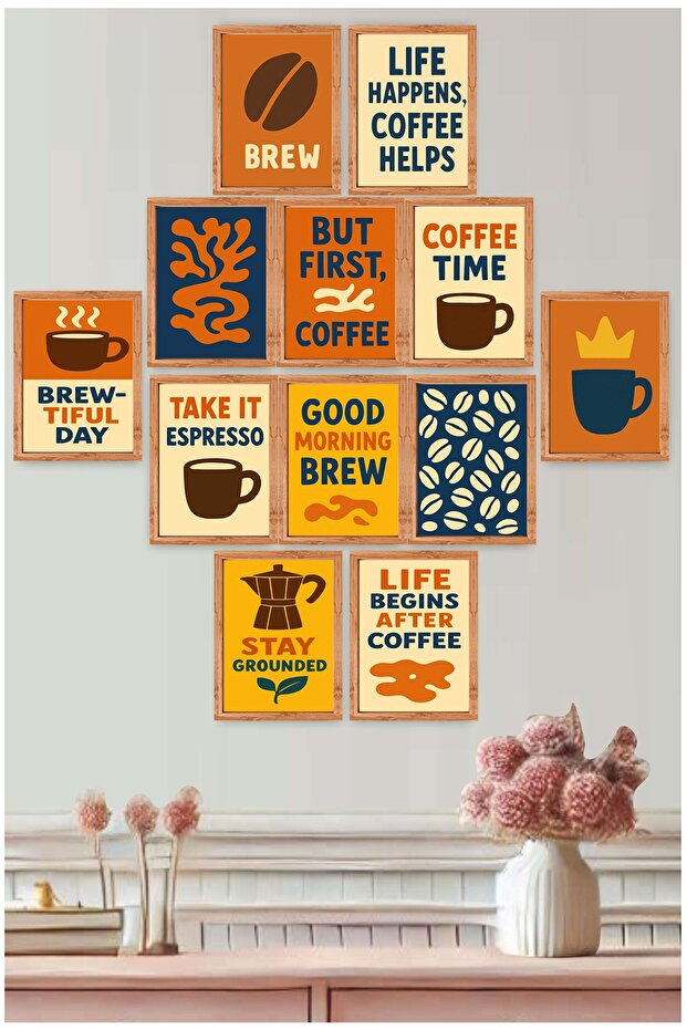 Kahve Temalı 12’li Retro Duvar Tablo Seti 15x20 cm MDF Baskı Esprili Sloganlı - 2
