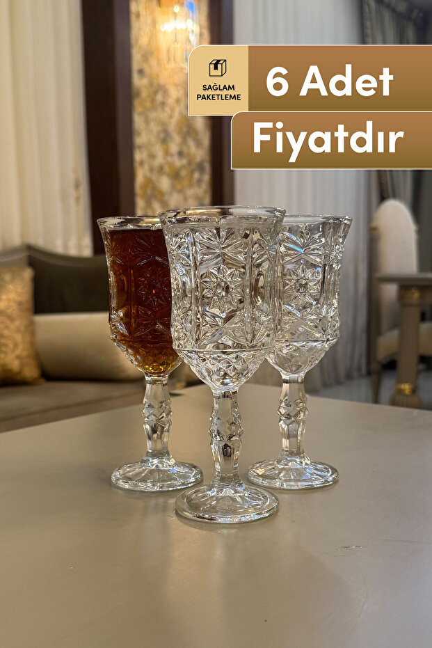 Set of 6 Luxury Crystal Patterned Footed Glass Cups 150 ml – Stylish Water, Soft Drink and Coffee Presentation Glasses