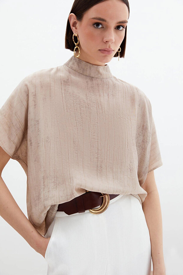 Patterned Shabby Blouse - Beige - 5