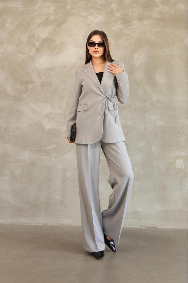 Women's Gray Side Tie Blazer Jacket Pants Set