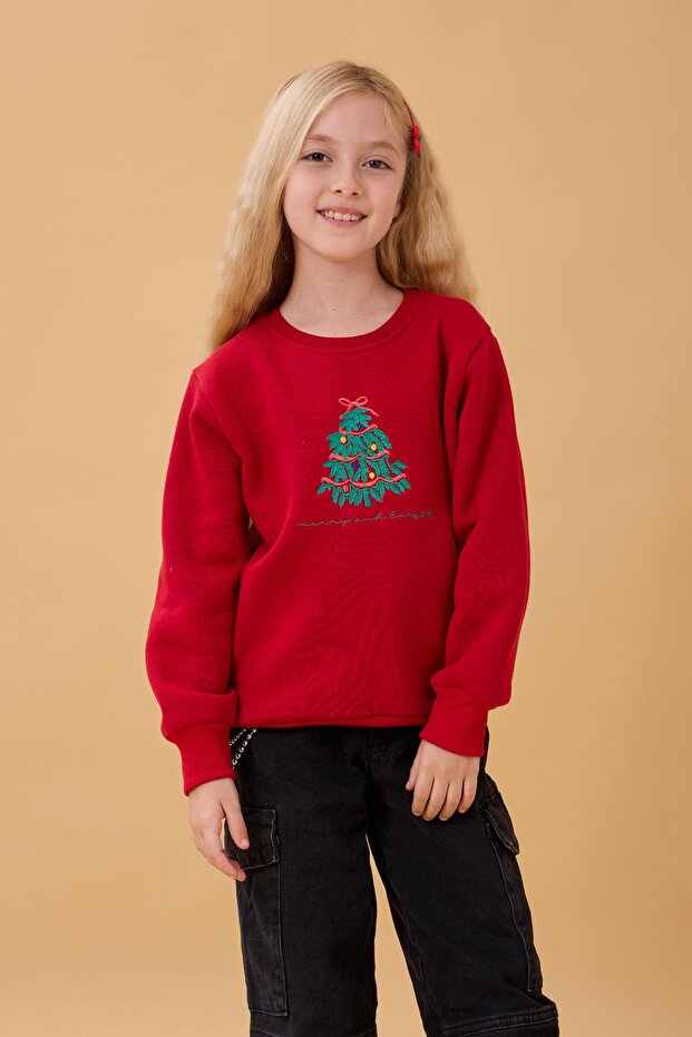 Girl's Crew Neck Embroidered Winter Sweatshirt – Red