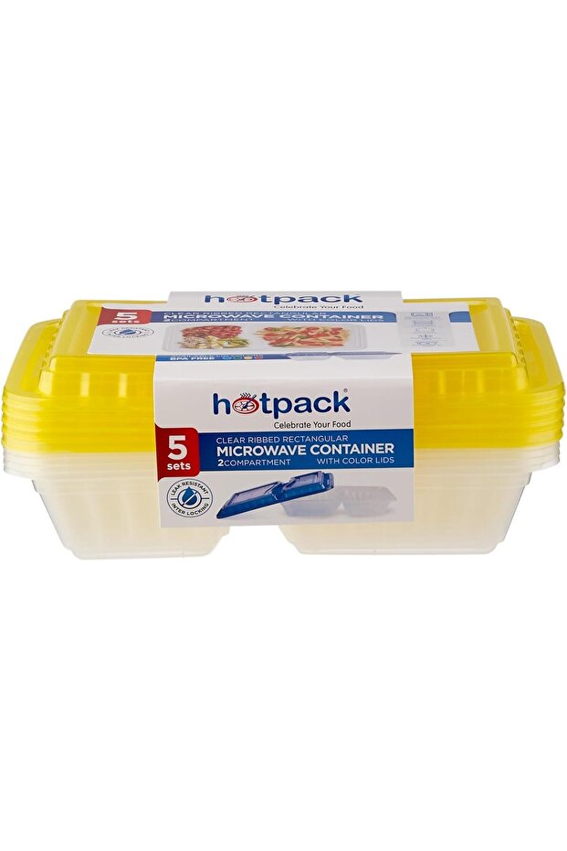 حاوية ميكروويف مستطيلة شفافة مضلعة مكونة من قسمين وأغطية متعددة الألوان، 5 مجموعات - 6