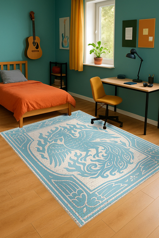 Mosso Blue Themed Dragon Figure Patterned Woven Base Modern Decorative Rug Mosso1019Blue