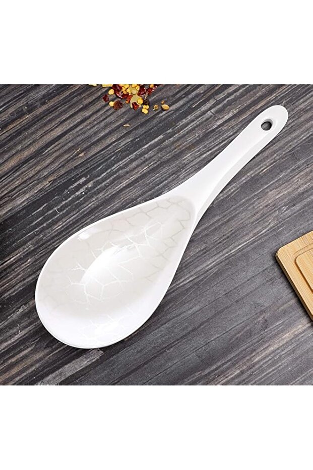 Royalford Melamine Ware Rice Spoon - Cooking and Serving Spoon with Grip Handle and Hanging Loop | Dishwasher Safe | Broad Deep Bowl | Dinner Cutlery Utensil (White Pearl)