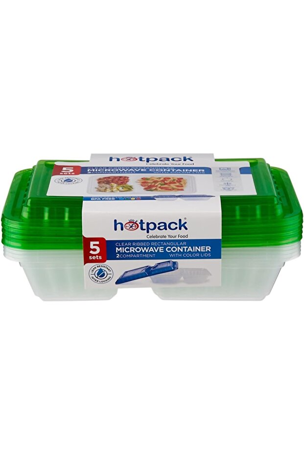 حاوية ميكروويف مستطيلة شفافة مضلعة مكونة من قسمين وأغطية متعددة الألوان، 5 مجموعات - 5