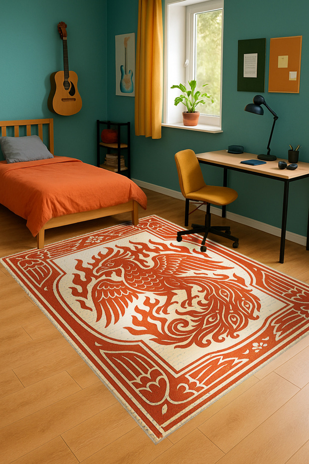Mosso Orange Themed Dragon Figure Patterned Woven Base Modern Decorative Rug Mosso1019Orange