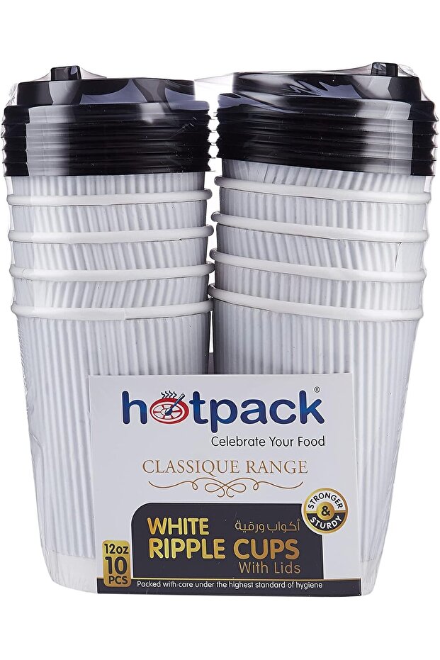 Hotpack Disposable Paper Ripple White Cup 12 ounce with Black Lid, 10 Pieces for Hot & C