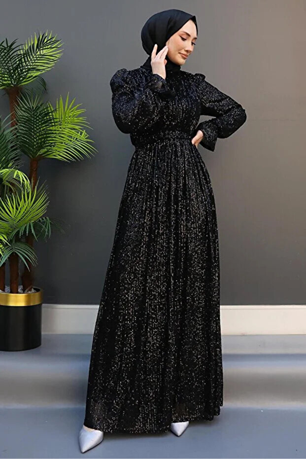 Tesettür abiye pul payetli pileli uzun elbise - 4