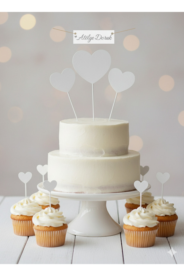 White Heart Cake Decoration Set-Heart Cupcake Picks-White Heart Cake Topper Birthday, Baby Shower,