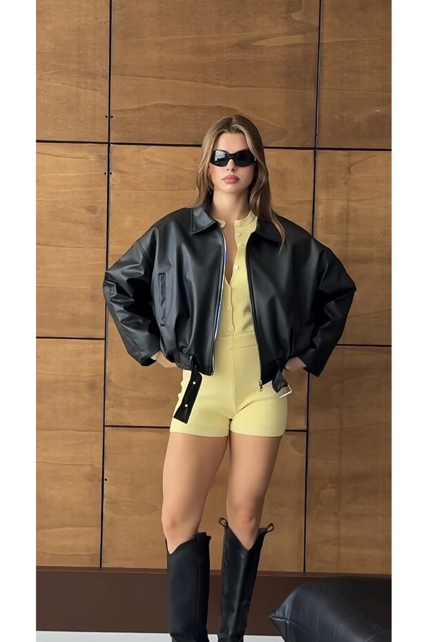 Oversize Bomber Leather Jacket - 2