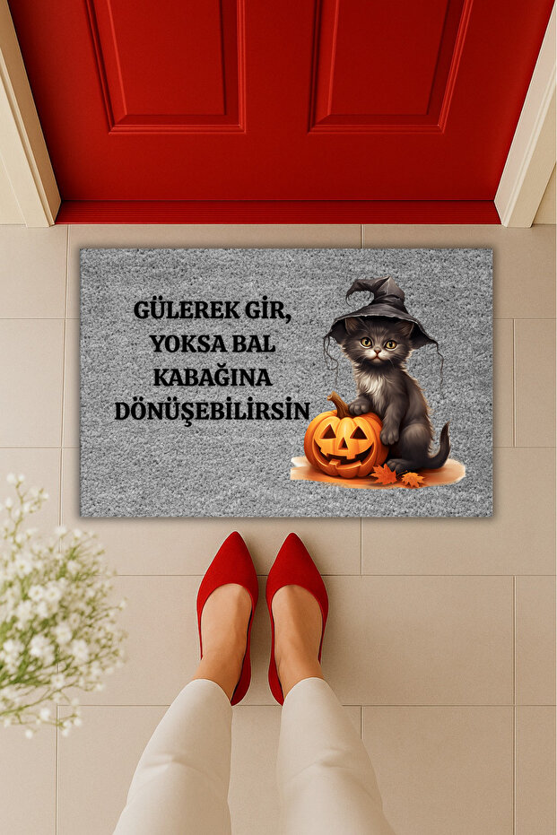 Yüksek Kaliteli Modern Dijital Baskı - Halloween Balkabağı ve Kedi Temalı 70x45cm - Kapı Önü Paspası - 1