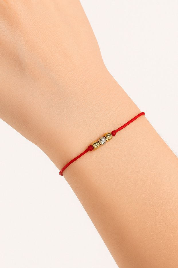 Two Gold Colors and One Silver Color Dorika B Beaded Red String Bracelet - Does Not Tarnish
